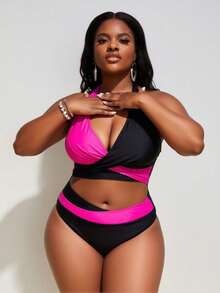 2026 New Plus Size Women's Sexy Fashion Pink & Black Color Block Halter Two-Piece Swimsuit For Vacation & Leisure - màu đen - Xem 4