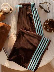 2026 Nuevo Pantalones deportivos casuales de mujer con raya lateral amarilla, cintura elástica y corte holgado, adecuados para primavera/verano, Navidad, Y2K, salidas casuales de Año Nuevo - Marrón 3 - Ver 3