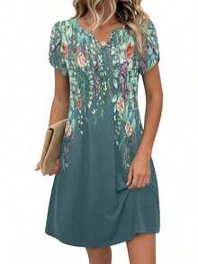 ,Flower Dress Women,2026 Women's Summer Casual Floral V-Neck A-Line T-Shirt Mini Dress Short Sleeve With Pockets Beach Sundress,Casual Summer Dress, S - 灰綠色花卉 - 查看 12