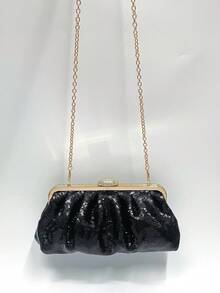 Elegant Ruched Sequined Evening Bag Sparkly Glitter Clutch Purse With Rhinestone Clasp Chain Strap For Women Wedding Party Prom Banquet, Classic Black - Black - View 6