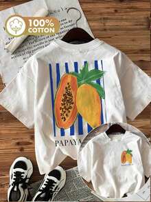 [Double-Sided Print] Spring And Summer Fashion Women's Tops, Illustration Style, Papaya Fruit Print, Round Neck Short Sleeve T-Shirt [Chu K], Women's Summer Outfit - White - View 7