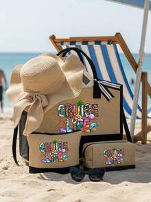 1組女款海灘托特包附「Cruise Life」Logo，含1個大容量托特包與2個化妝包，帆布海灘包、文具包、配件收納包、購物袋、旅行包、小方包，適合婚禮、生日、節日等場合。適合送給女性、母親、老師、朋友、伴娘、學生的好禮，開學季首選。大容量旅行托特包適合度假與週末短途旅行 - 彩色 - 查看 4