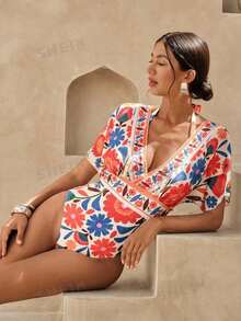 Chiccia Traje de baño de una pieza con control de abdomen, estampado con patrón bohemio sudamericano de malla para mujer - Multicolor - Ver 3