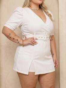 Macaquinho Plus Size Short Saia Premium em Crepe de Malha, Veste 46 ao 52 - Branco - Visão 4