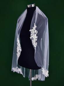 1pc Short Length Lace Applique Bridal Wedding Veil, Single Layer Soft Tulle With Hair Comb - Multicolor - View 6