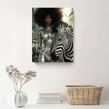 1 Pc Canvas Painting, A Silver Sequined Jumpsuit Featuring African Women And Zebras , Wooden Framed Art,High Quality ,Thickness 2. 25cm/1in Thick Wall Art Printed Poster, Cuadros,Directly Hung For Family Gifts, Living Room Decoration, Bathroom Decoration, Bedroom Decoration, Kitchen Decoration, Bar Decoration, Office Decoration. Memorial Day, Independence Day,Christmas And Valentine's Day Gifts, 2D Flat - đóng khung - Xem 3