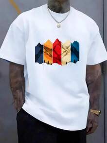 Men's Urban Style T-Shirt, Mountain Print, Colorful Abstract Art, Machine Washable, Casual For Daily Wear, Fitness And Outdoors | Sports And Casual T-Shirts - 白色 - 查看 6