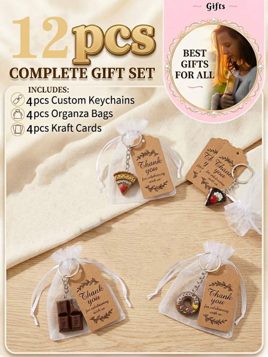4PCS/12PCS Cute Food Keychain Gift Set - Includes 5 Miniature Dessert Keychains, 5 Kraft Paper Thank You Tags, And 5 White Organza Bags For Party Favors, Wedding, & Church Gifts - Multicolor - View 1