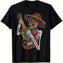 Camiseta gráfica del Día de Muertos mexicano para hombres - 100% algodón 180Gsm negro casual manga corta con arte vibrante de esqueleto de mariachi huichol guitarra, lavable en máquina - Negro - Ver 1