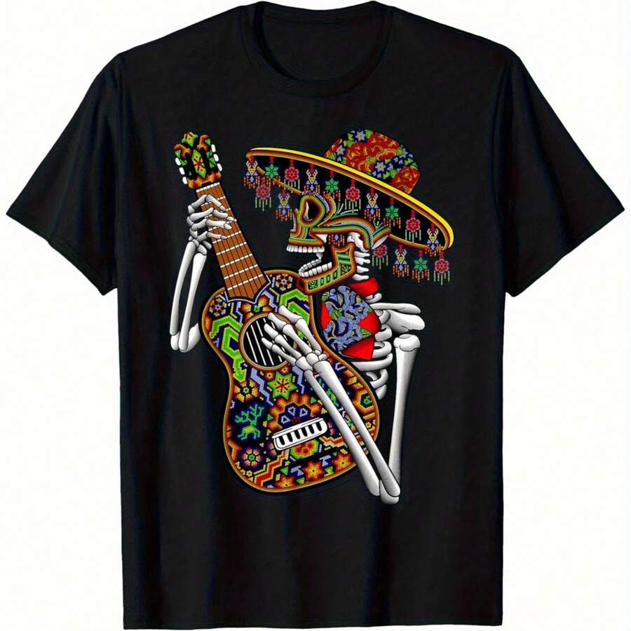Camiseta gráfica del Día de Muertos mexicano para hombres - 100% algodón 180Gsm negro casual manga corta con arte vibrante de esqueleto de mariachi huichol guitarra, lavable en máquina - Negro - Ver 1