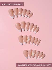 24pcs French Almond Shaped Press-On Nails, 3D Gel Flower Design With 3D Small Steel Ball Decor, Acrylic Material, Includes 1pc Jelly Glue Sticker And 1pc Nail File - Multicolor - View 3