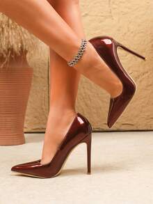 Fashionable Sexy Apricot Color Point Toe 4.1 Inch High Heel Lacquered Heel Casual Versatile Women Pumps For Spring & Autumn, Elegant,Elegant,Pointed Heels - Redwood - View 3