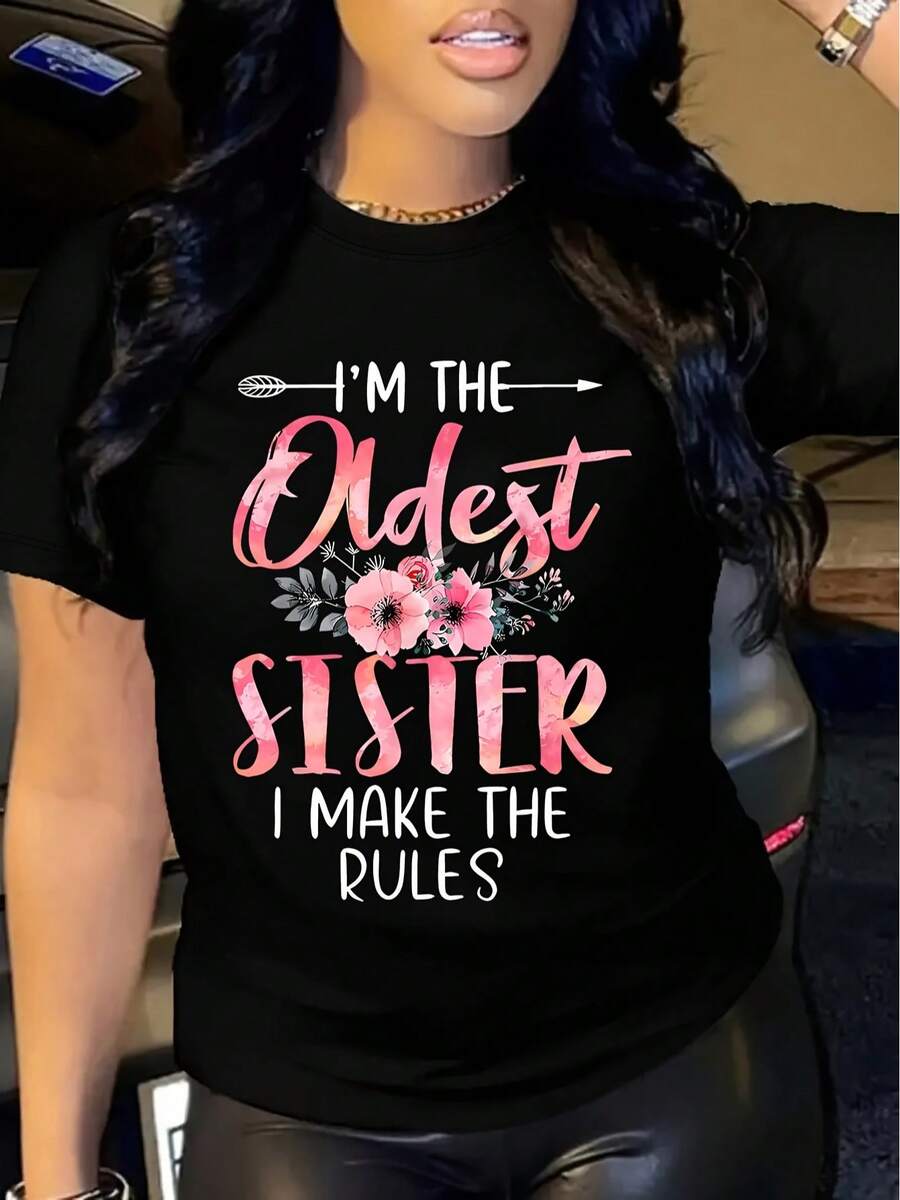 Women's Casual Crew Neck T-Shirt - Big Sister "Floral Letter Print T-Shirt - Short Sleeve Black T-Shirt - Pink And White Text - Suitable For Spring And Summer - Relaxed Style Casual Wear With Slight Stretch - 黑色 - 查看 1