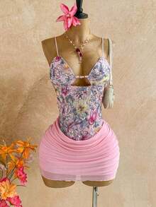 Women's Sexy Pleated And Openwork Mini Dress With Top - 櫻桃紅 - 查看 1