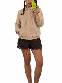 Women's Bomber Jacket, Long Sleeves, Suede, Pockets, Fashion. - 米色 - 查看 1