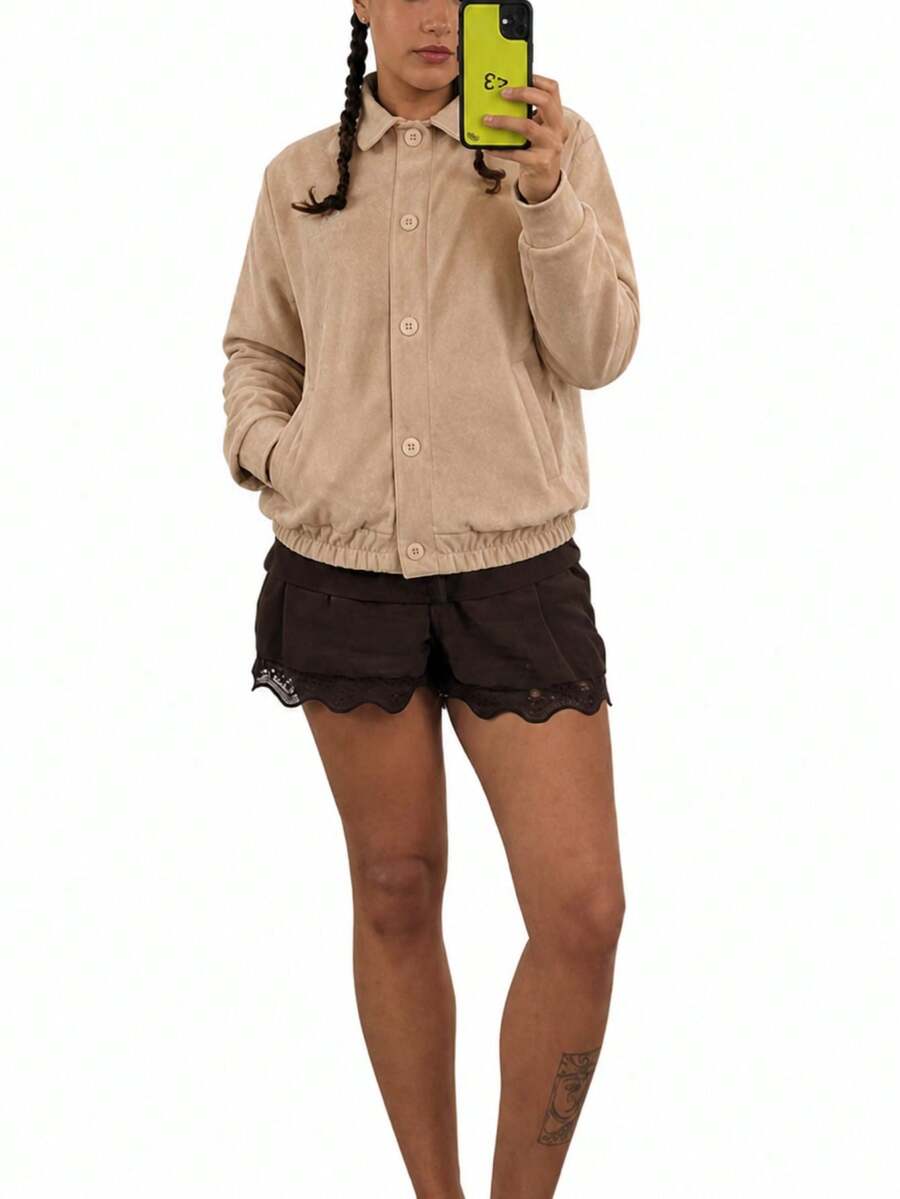 Women's Bomber Jacket, Long Sleeves, Suede, Pockets, Fashion. - 米色 - 查看 1