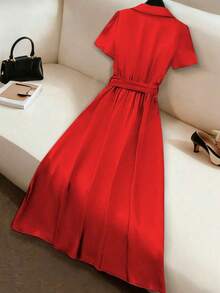 MEXGlowEve Vestido midi elegante de unicolor de manga corta para uso diario de mujerMEX WKQZ - Albaricoque - Ver 6