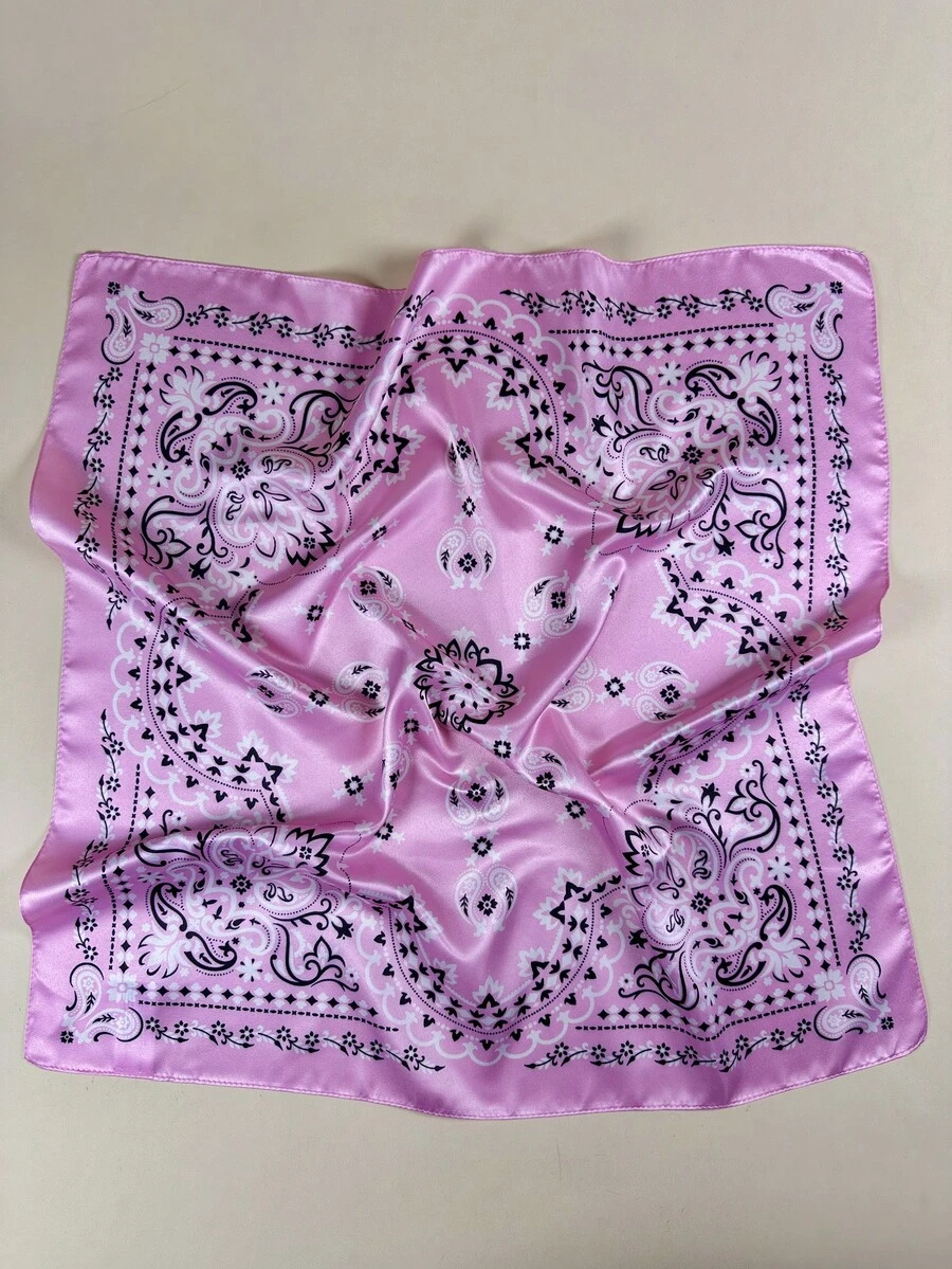 1pc Women's Bohemian Floral Pattern Square Silk Scarf, Elegant Neckerchief Headscarf Satin Hair Accessory - Pink - View 1