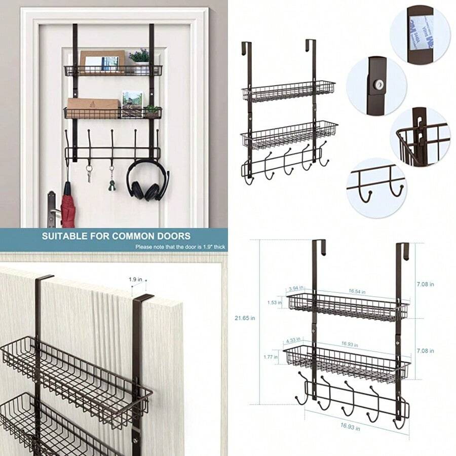 OYEAL - Gancho para colgar sobre la puerta con 5 ganchos 2 cestas de acero resistente y duradero ganchos para toallas estantes organizadores para colgar en el hogar recámara baño cocina café - Marrn - Ver 1