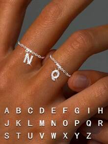 1pc S925 Sterling Silver 26 Initial Letter A-Z Adjustable Chain Ring, Letter Ring, Suitable For Women Girls Daily Wear, Best Gift For Mom, Sister, Girlfriend - Ring - View 2