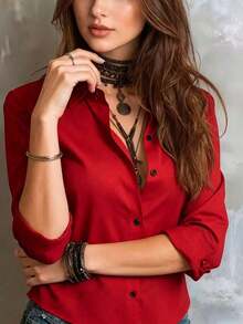 Camisa de manga larga de unicolor para mujer, con diseño de cuello para mostrar un aspecto profesional y capaz, hecha de tela cómoda. - Rojo - Ver 3
