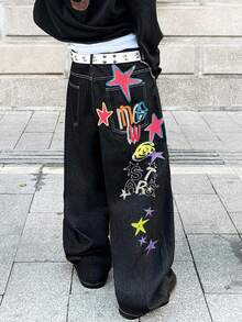 Infinite Jeans 1件美式街頭復古時尚刺繡男款寬腿褲 寬鬆舒適休閒四季百搭牛仔長褲 (產品不含腰帶與配件) - 黑色 - 查看 3