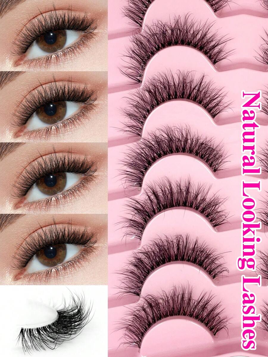 ENCHUW 7 pares de pestañas postizas con banda transparente, pestañas naturales y esponjosas con aspecto ligero y sutil, pestañas falsas 3D invisibles y cortas - Negro - Ver 1