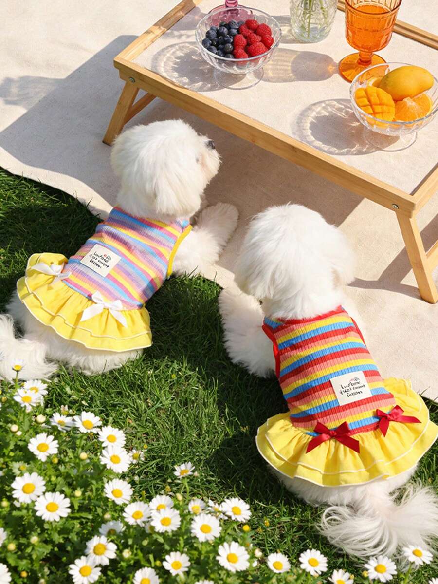 Lightweight And Fashionable Pet Rainbow Stripe Dress For Spring And Summer Pet Clothing With Bow, Suitable For Cute Daily Wear, Garden Stroll, Family Travel, Festivals, Gatherings, Seasonal Activities, Adding Elegant And Fresh Style To Your Pet - Multicolor - View 1