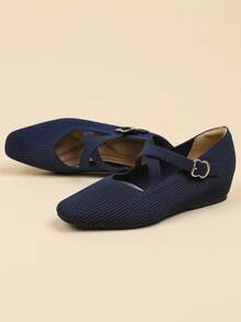 Women's Square Toe Low Vamp Knit Breathable Mary Jane Strap Adjustable Buckle Solid Color Casual Hidden Wedge Shoes, Suitable For Petite, Wearable All Seasons - Royal Blue - View 3