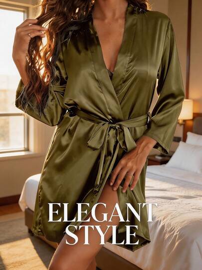 Summer Thin Breathable Lady Military Green Nine-Inch Sleeve Morning Gown, Cool Feeling Lace Wrap Waist Sexy Short Bathrobe, Solid Color Soft Skin-Friendly Bridal Nightwear, Elegant Wedding Party Loungewear, Loose Casual Slim Home Daily Wear Lightweight Sleepwear For Hot Summer Indoor Rest
