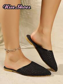 Nuevas sandalias de punta puntiaguda de malla tejida para el verano, de uso casual, cómodas y relajadas, en colores plateado y negro - Negro - Ver 4
