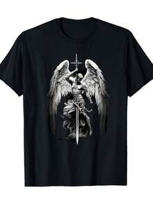 Men's Graphic T-Shirt Featuring The Archangel Gabriel, Designed With A Sword And A Cross. This High-Quality Christian Apparel Makes An Excellent Gift For Fathers, Pastors, And Theology Students. Available In Sizes S To XXXL, Including Plus Sizes. - 黑色 - 查看 1