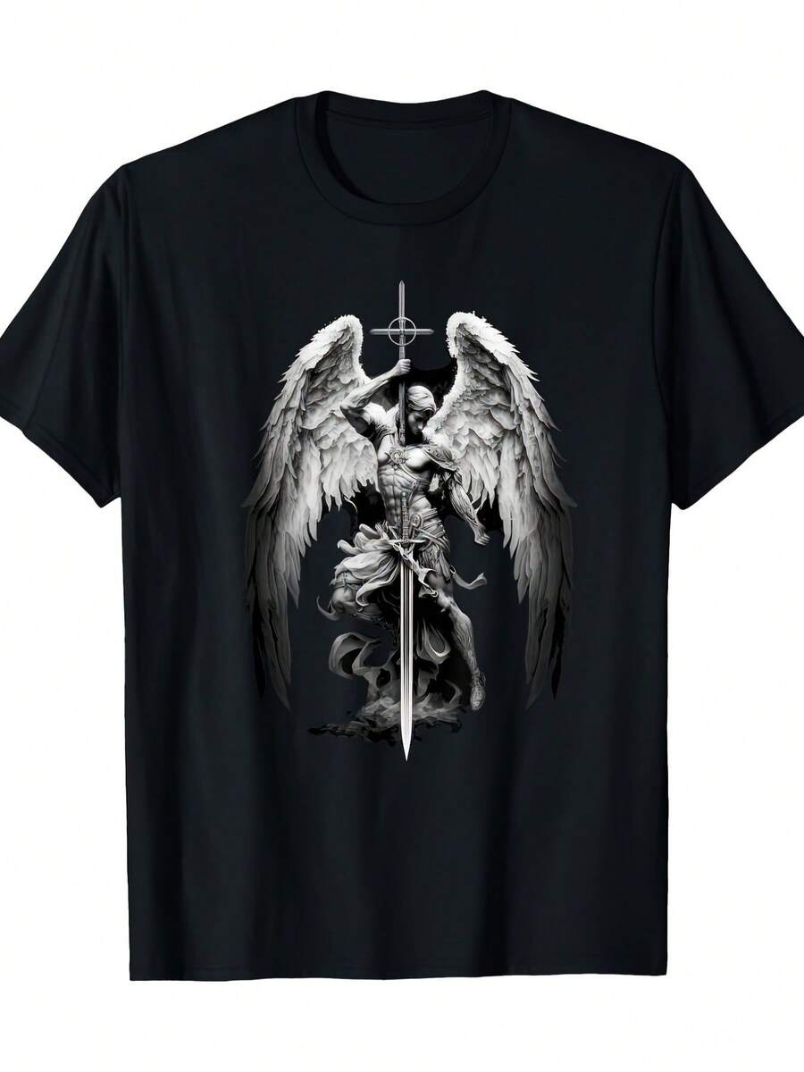 Men's Graphic T-Shirt Featuring The Archangel Gabriel, Designed With A Sword And A Cross. This High-Quality Christian Apparel Makes An Excellent Gift For Fathers, Pastors, And Theology Students. Available In Sizes S To XXXL, Including Plus Sizes. - 黑色 - 查看 1