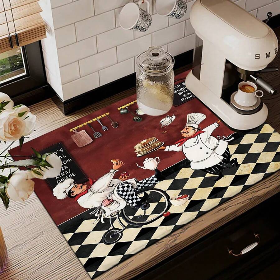 1pc Chef Pattern Printed Absorbent Dish Drying Mat, Espresso Machine Countertop Absorbent Mat, Sink Drain Mat, Soft Faucet Absorbent Mat, Sink Cup Mat, Kitchen & Bathroom Accessories - Multicolor - View 1