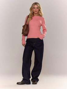 Top de cuello redondo de manga larga tejido, casual, para vacaciones, aeropuerto, días festivos, otoño, regreso a la escuela, elegante, primavera, verano - Rosa - Ver 2