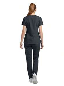 Set de 2 piezas Uniforme de enfermera para mujer, Parte superior + Pantalones con bolsillos, Ropa de trabajo para sala de cirugía, Ropa de trabajo para salón de belleza Primavera - Gris - Ver 3