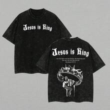 New Heavyweight Retro T-Shirt With Comfortable Fabric, Valentine's Day T-Shirts, "Jesus Is King" Washed T-Shirt, Vintage Washed Jesus Design T-Shirt, Faded Graphic T-Shirt, Retro Style T-Shirt, Top, Oversized Washed Cotton T-Shirt For Men And Women. The Best Gift For Friends. - 黑色 - 查看 1