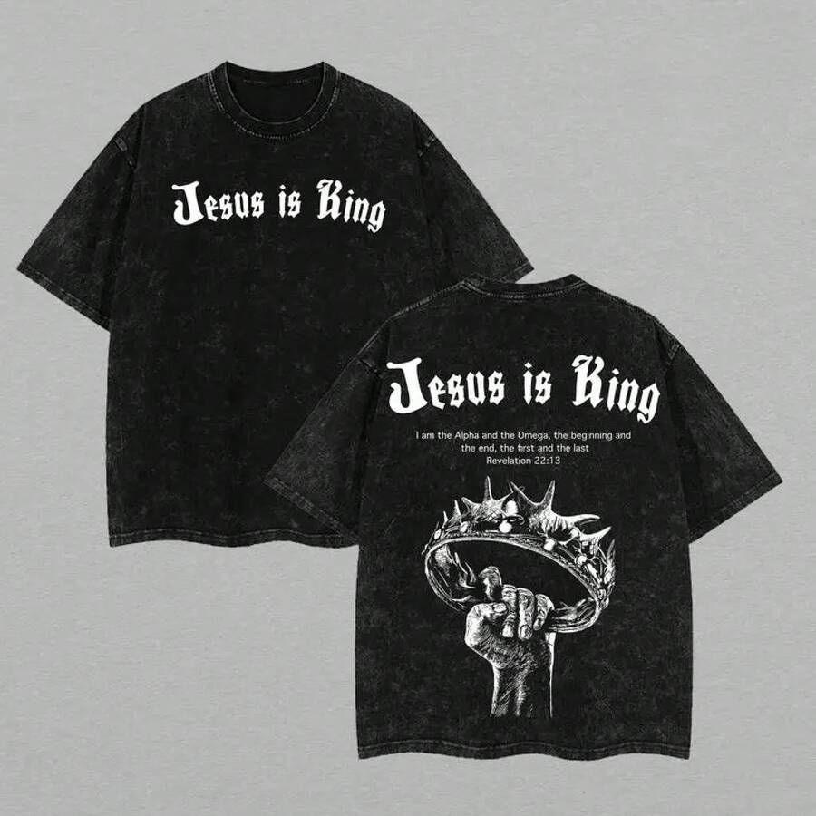 New Heavyweight Retro T-Shirt With Comfortable Fabric, Valentine's Day T-Shirts, "Jesus Is King" Washed T-Shirt, Vintage Washed Jesus Design T-Shirt, Faded Graphic T-Shirt, Retro Style T-Shirt, Top, Oversized Washed Cotton T-Shirt For Men And Women. The Best Gift For Friends. - 黑色 - 查看 1