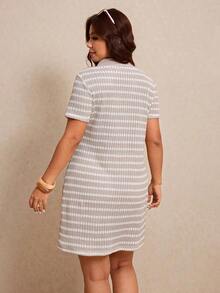 Elaquor Vestido de manga corta con cuello a rayas talla para mujer, nuevo vestido casual para mujer para picnic, vestido casual de negocios para mujer de talla - Albaricoque 2 - Ver 7
