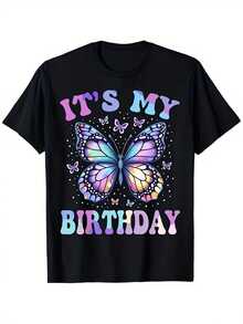 Camiseta de cumpleaños para hombre 'Mi Cumpleaños - Camiseta negra de manga corta con cuello redondo, mariposa arcoíris y diseño con número y nombre de cumpleaños - Corte musculado, ropa transpirable para celebración de cumpleaños, ropa casual o regalo - Textura suave - Negro - Ver 2