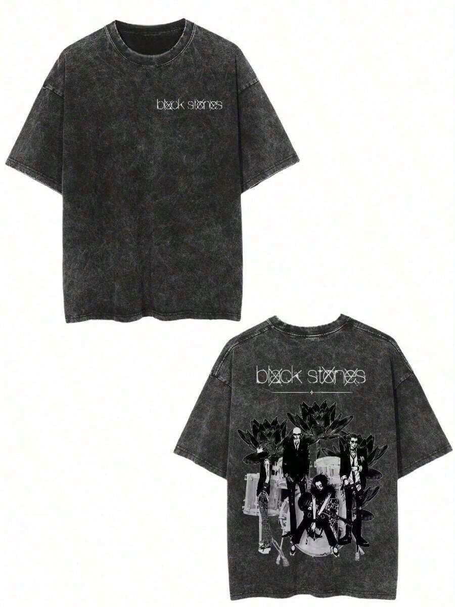 Cotton T-Shirt With Anime Graphic Print, Japanese Anime T-Shirt Black Stones Nana Osaki, Vintage Washed T-Shirts For Women And Men, Casual Short Sleeve Cartoon T-Shirt, Harajuku T-Shirts, Men's Clothing, Funny Graphic T-Shirts Y2K, Plus Sizes For Men S To 5XL, ZBMS Summer T-Shirt - Black - View 1