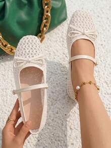 Women's Fashionable Elegant Mesh Bow Decor Adjustable Slip-On Square Toe Flat Mary Jane Shoes, Beige - Beige - View 2