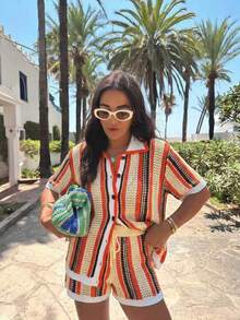 Women's New Knit 2 Pieces Set Top And Shorts, Summer Vacation Spring - Multicolor - View 2