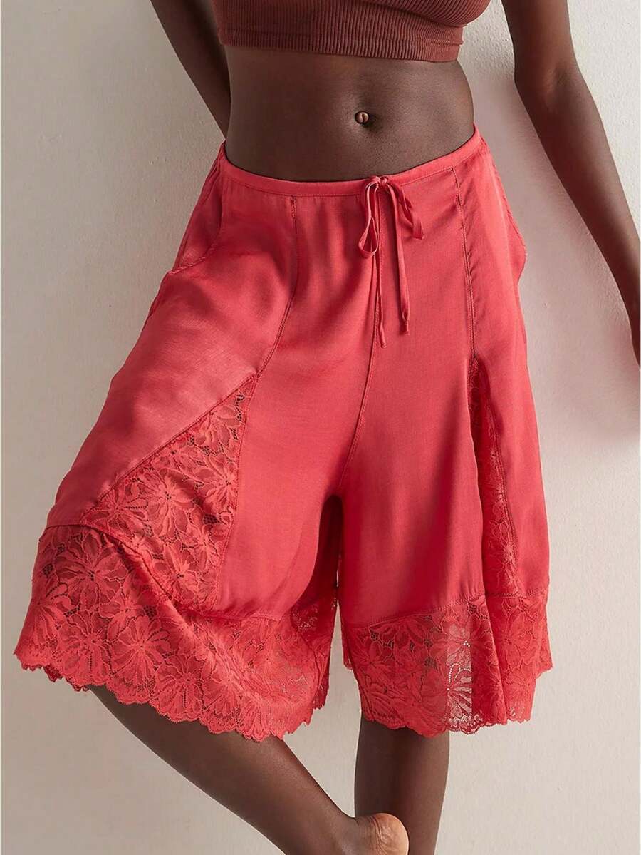 Women's Knee Length Shorts Casual Stylish Lace Patchwork Drawstring Mid Rise Shorts for Summer - Rojo sandía - Ver 1