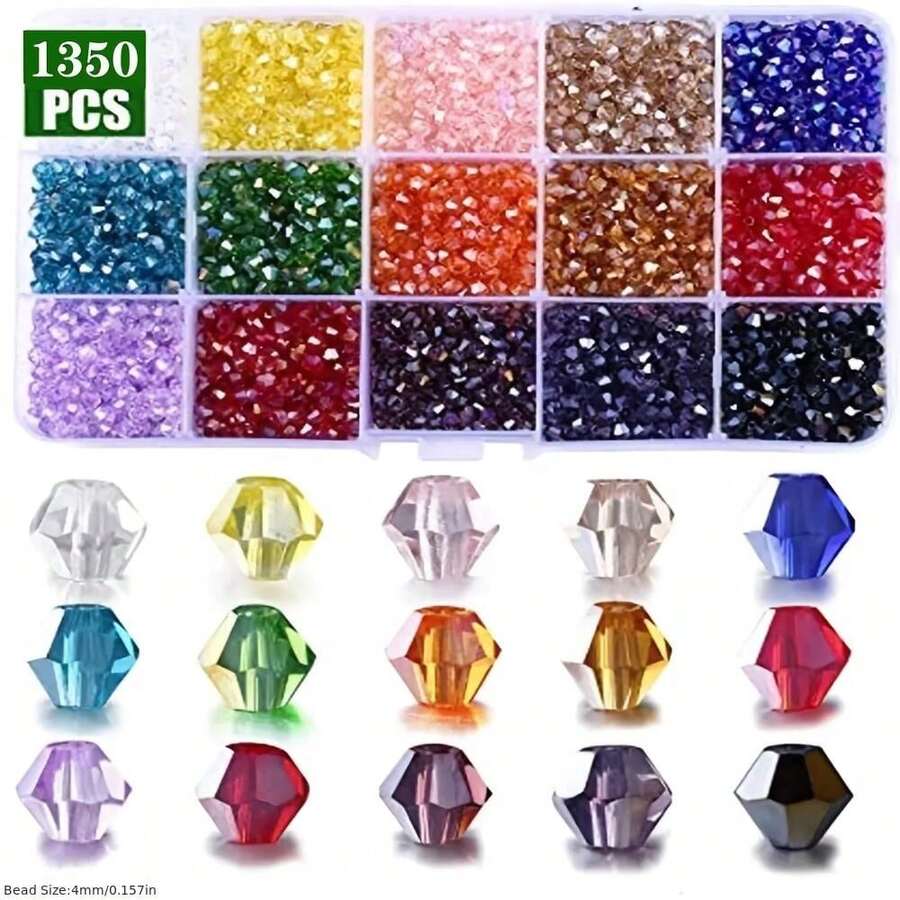約 1350 顆/15 格面切菱形珠手工多用途串珠材料套組,適用於手鍊、項鍊、耳環、髮飾製作,創意設計禮物 - 彩色 - 查看 1