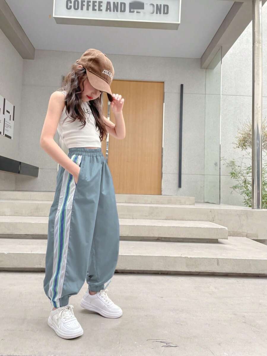 青少年女孩側條紋夏季休閒運動慢跑褲 - 霧霾藍 - 查看 1