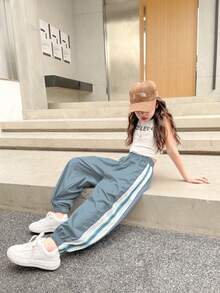 青少年女孩側條紋夏季休閒運動慢跑褲 - 霧霾藍 - 查看 6