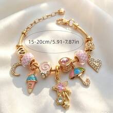 New Light Luxury Dreamy Pink Plaid Glazed Beaded Bracelet With Ice Cream, Umbrella, And Shooting Star Charms, Heart And Moon Elements, Adjustable Versatile Bracelet With Extendable Chain Design To Fit Different Wrist Sizes - Vàng - Xem 6