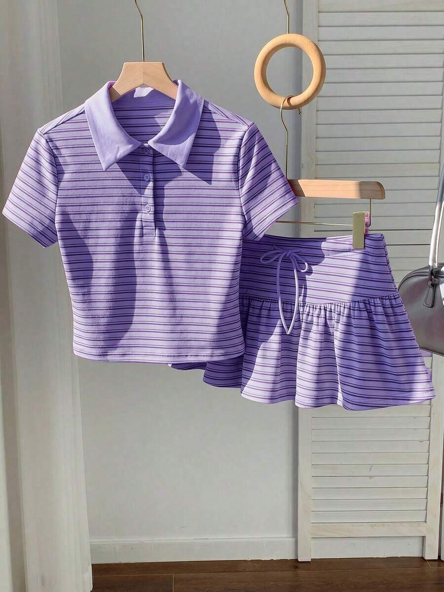 Conjunto de 2 piezas de camiseta de manga corta a rayas y minifalda casual de verano para mujer - Multicolor 2 - Ver 1