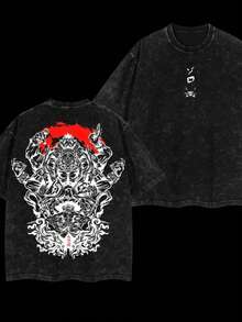 New Retro T-Shirt Made Of High-Quality Washed Cotton With Comfortable Fabric. Men's Anime T-Shirt In Washed Cotton - Anime Style With Double-Sided Print, Millennial Street Style Anime T-Shirt, Perfect T-Shirt For Anime Fans And Manga Lovers, Comic-Style Graphic Tee,  And Fashionable. The Best Gift For Friends. - 黑色 - 查看 12